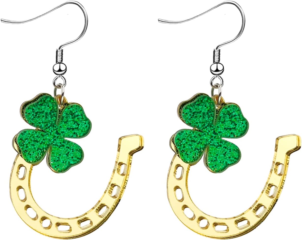 St. Patrick's Day Earrings for Women,Irish Shamrock Acrylic Dangle Earrings, Green Hat Clover Horseshoe Drop Earrings for Irish Festival
