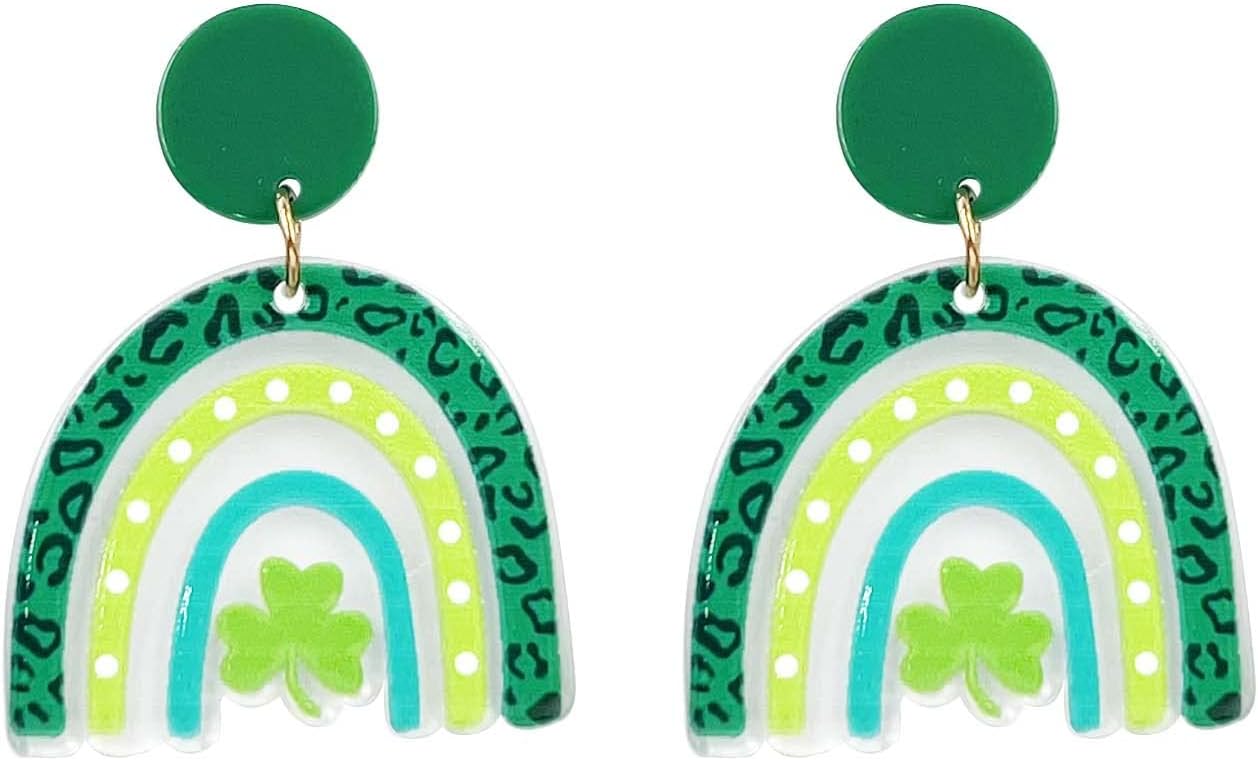 St. Patrick's Day Earrings for Women,Irish Shamrock Acrylic Dangle Earrings, Green Hat Clover Horseshoe Drop Earrings for Irish Festival