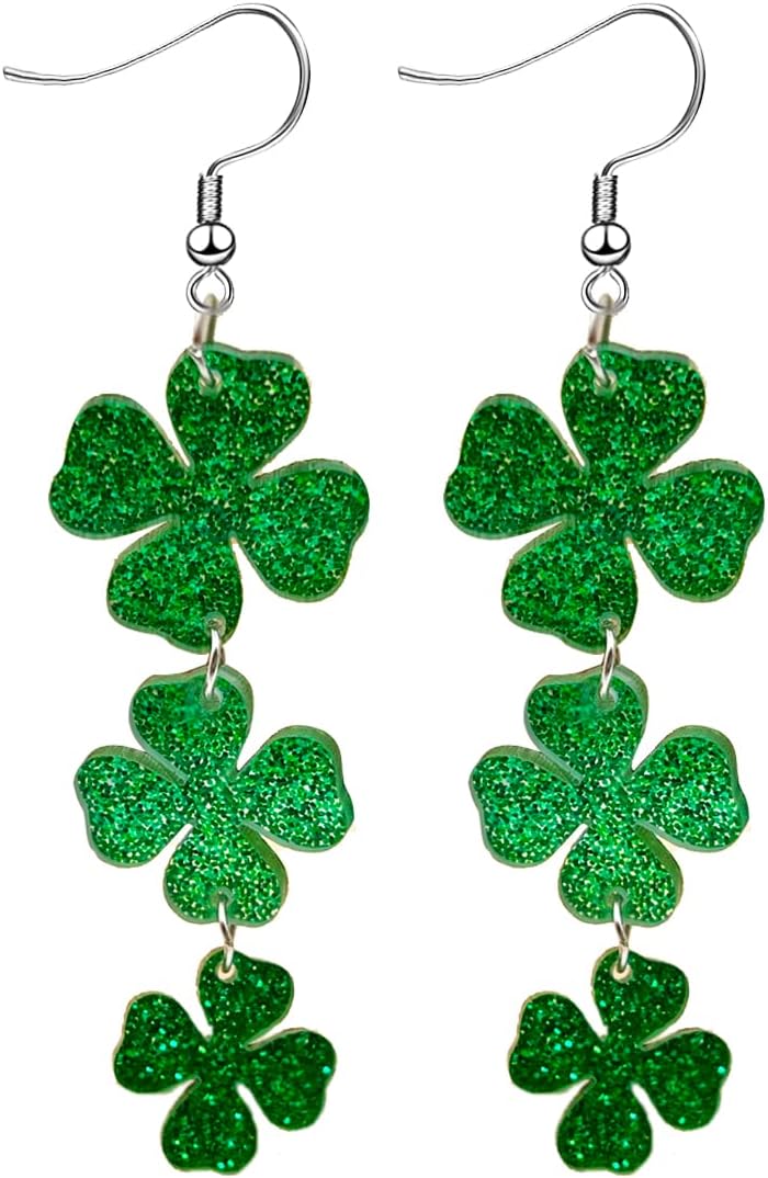 St. Patrick's Day Earrings for Women,Irish Shamrock Acrylic Dangle Earrings, Green Hat Clover Horseshoe Drop Earrings for Irish Festival