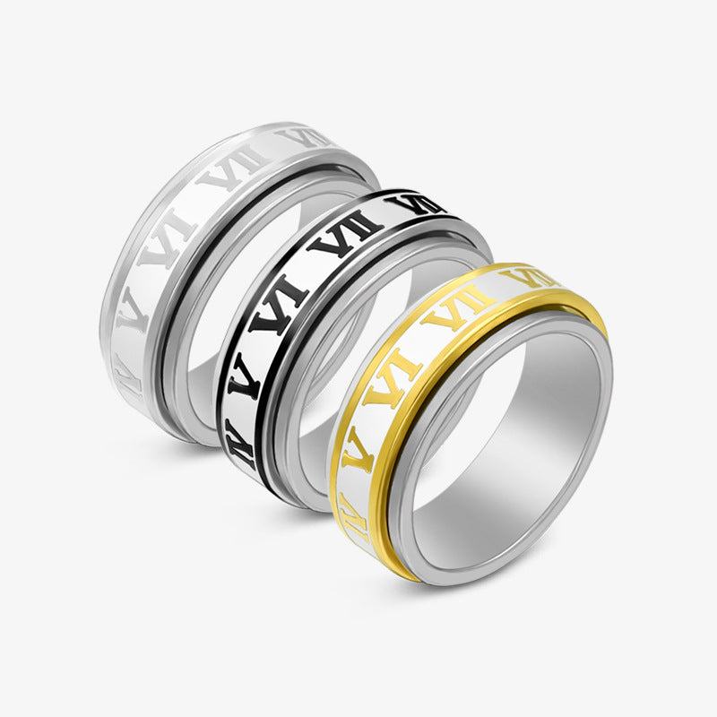 Rotatable Roman titanium and steel ring